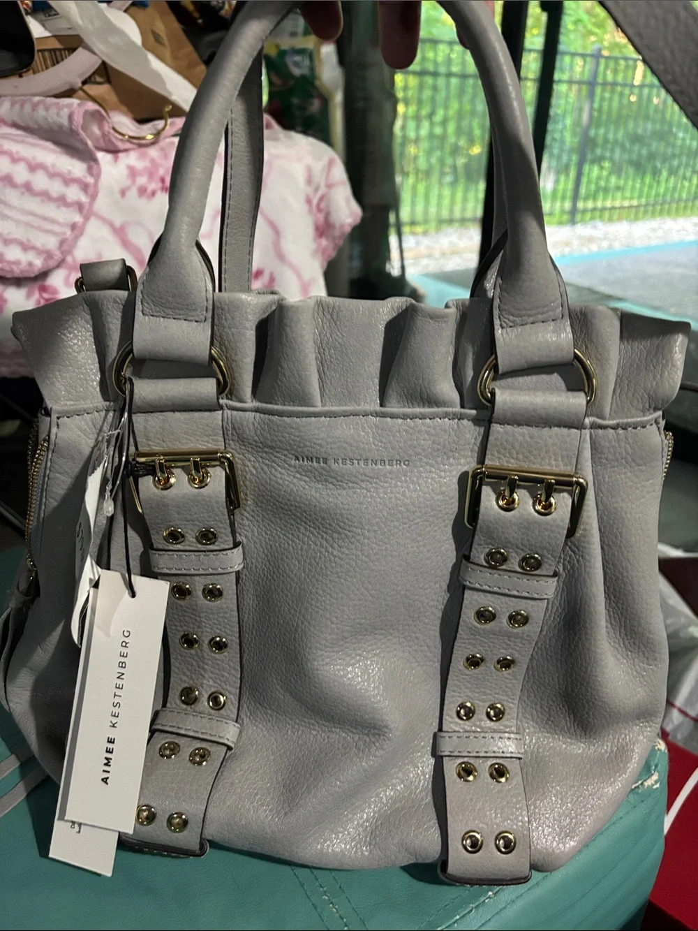Aimee Kestenberg Teal Leather Tote with Stitch Detail